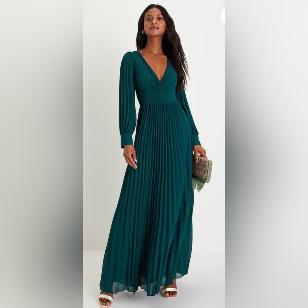 Lulus Sophisticated Grace Emerald Green Pleated Long Sleeve Maxi Dress